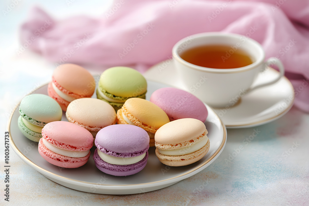 A selection of colorful macaroons displayed on a ceramic plate with a cup of tea in a soft, pastel-colored cafe setting, Dessert A selection of colorful macaroons displayed on a ceramic plate with a cup of tea in a soft, pastel-colored cafe setting, Dessert