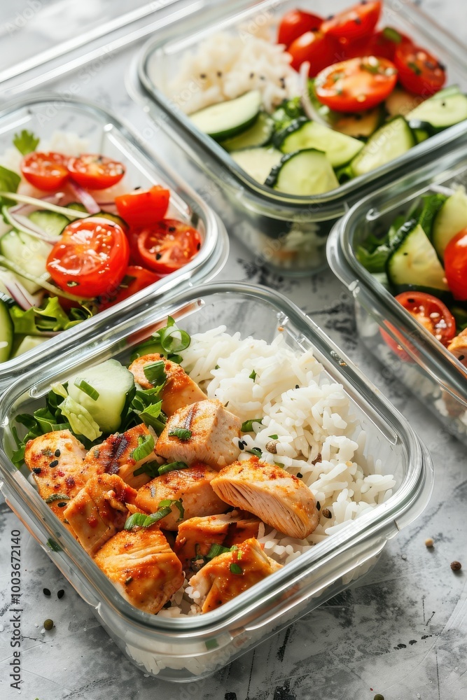 Lunch boxes containers with chicken, white rice and salad top Lunch boxes containers with chicken, white rice and salad top