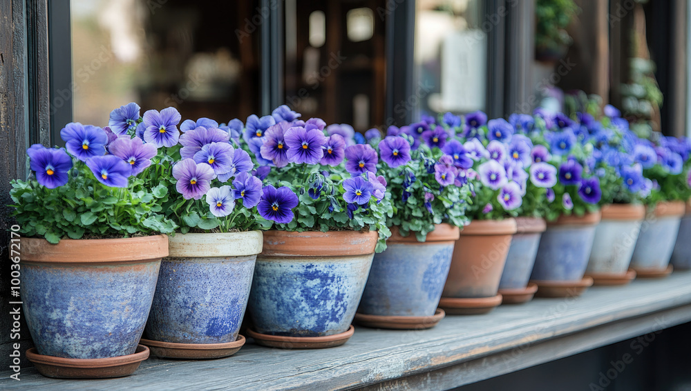 A row of terracotta pots with vibrant purple and blue pansies growing in them, set against an earthy background. Created with Ai A row of terracotta pots with vibrant purple and blue pansies growing in them, set against an earthy background. Created with Ai