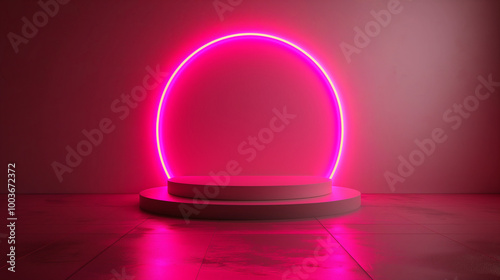 3d neon podium on a pink background. Glowing stage in an empty studio room. Minimalistic template for Valentine's Day or for the beauty industry