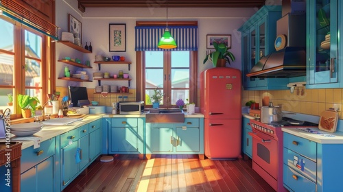 A kitchen, bright colours, 3d cartoon style, casual game, bright, soft lighting, blue background