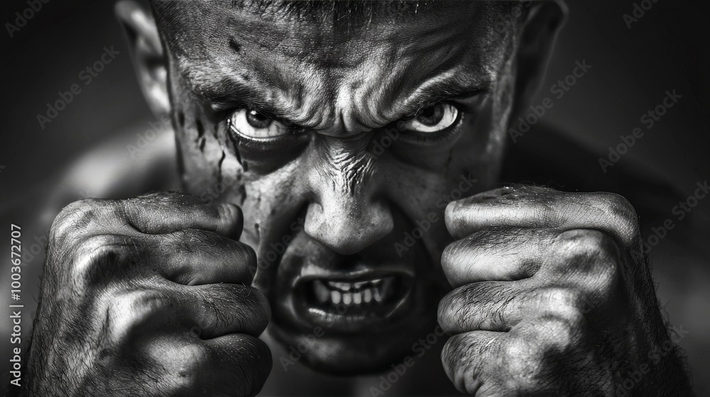 A man with clenched fists and a furious expression, his eyes blazing with anger A man with clenched fists and a furious expression, his eyes blazing with anger