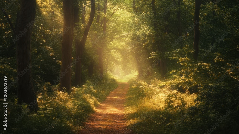 Obraz premium Photography of a tranquil forest scene with towering trees and a soft, sunlit path cutting