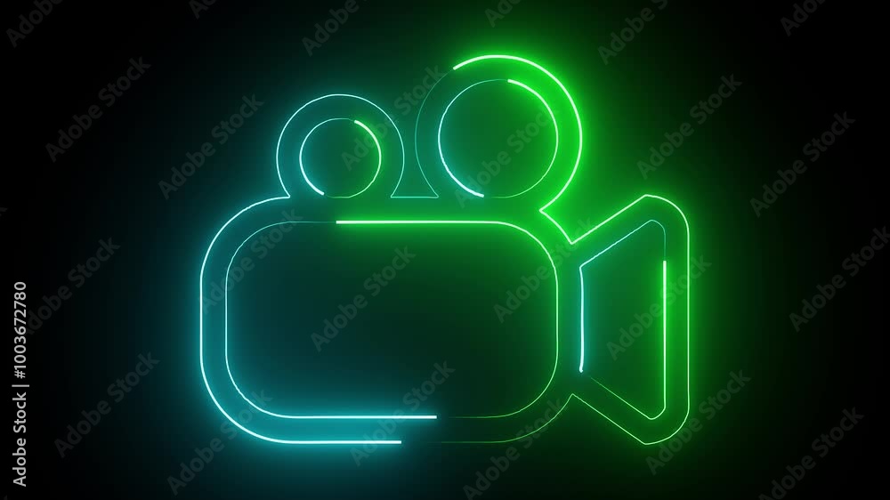 Vibrant Neon Video Camera Icon: A Striking Visual for Film and Media on a Black Background Vibrant Neon Video Camera Icon: A Striking Visual for Film and Media on a Black Background