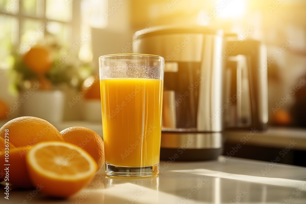 A tall glass of freshly squeezed orange juice with condensation, surrounded by whole oranges and a juicer in a bright kitchen with sunlight streaming in A tall glass of freshly squeezed orange juice with condensation, surrounded by whole oranges and a juicer in a bright kitchen with sunlight streaming in