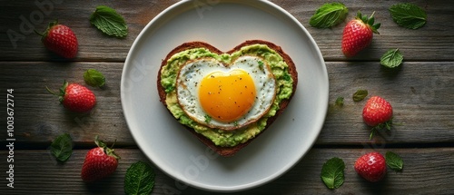 Wallpaper Mural Enjoy a heart-themed breakfast with avocado toast topped with a perfectly fried egg, surrounded by ripe strawberries and fresh mint, perfect for celebrating Valentine's Day Torontodigital.ca