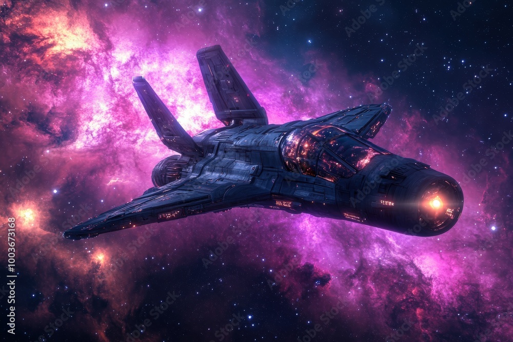 Obraz premium Futuristic Spaceship Traveling Through Cosmic Galaxy with Stars and Nebulae Sci Fi Adventure