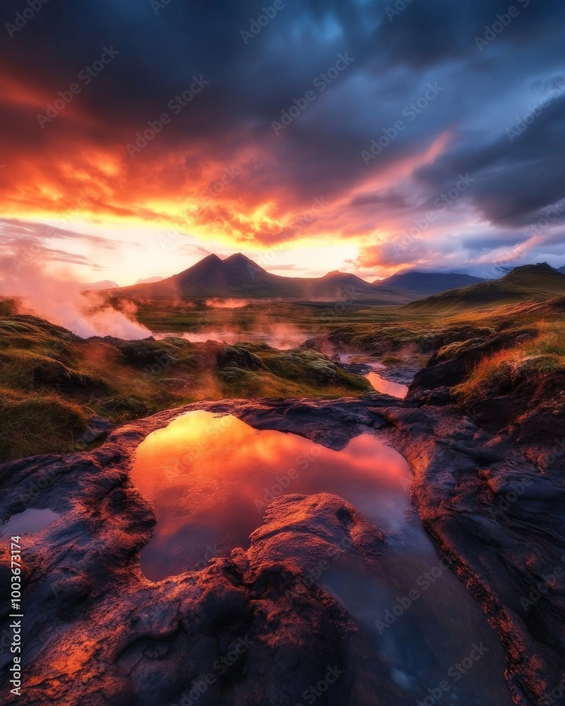 Fototapeta premium The Reykjanes Peninsula, with its rugged lava fields, hot springs, and distant geothermal steam rising into the sky.