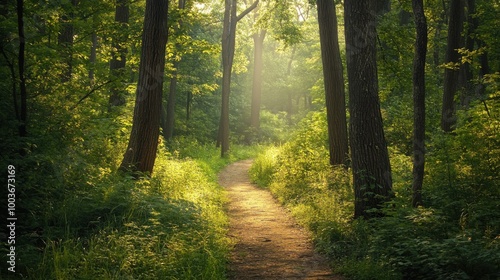 Photography of a tranquil forest scene with towering trees and a soft, sunlit path cutting