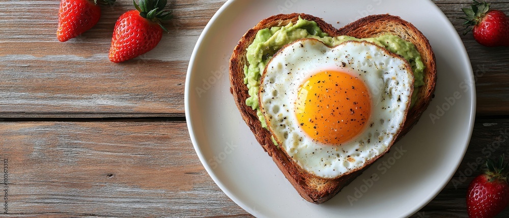 A heart-shaped slice of toast topped with creamy avocado and a perfectly fried egg is served for breakfast on Valentine's Day, accompanied by vibrant strawberries A heart-shaped slice of toast topped with creamy avocado and a perfectly fried egg is served for breakfast on Valentine's Day, accompanied by vibrant strawberries