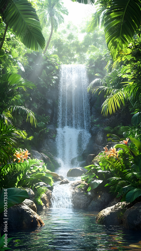 Jungle Waterfall with Lush Greenery and Sun Rays - 3D Illustration Jungle Waterfall with Lush Greenery and Sun Rays - 3D Illustration