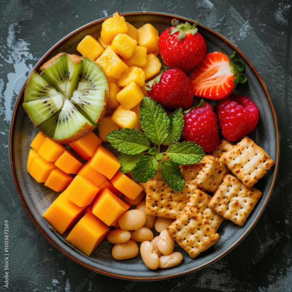 Snacks, vegetables and fruits on a plate Snacks, vegetables and fruits on a plate