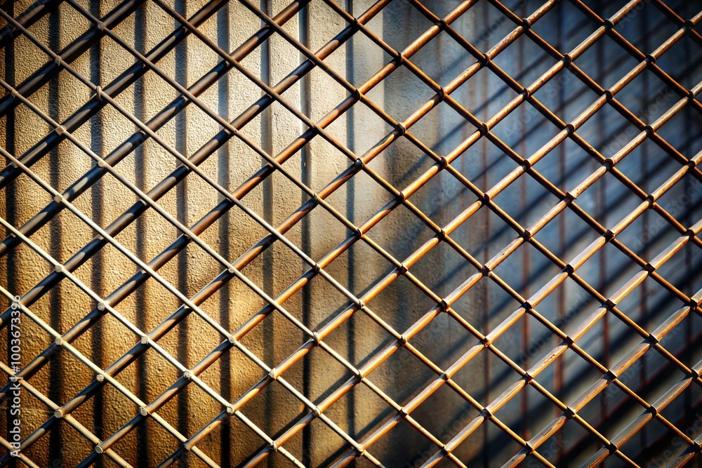 Naklejka premium Diamond wire mesh fence close-up illuminated by sunlight with shadows