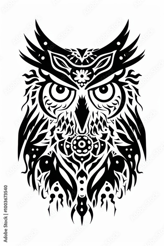 Silhouette of an owl head adorned with intricate tribal patterns. Silhouette of an owl head adorned with intricate tribal patterns.