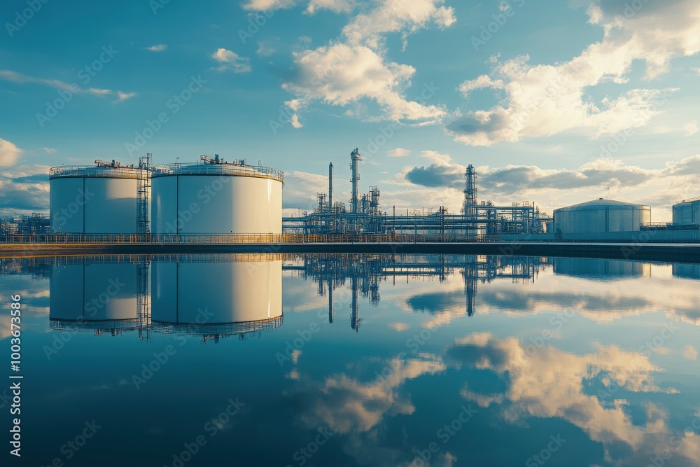 Industrial Gas Storage Tanks and Pipelines with Reflection on Water Against Blue Sky Industrial Gas Storage Tanks and Pipelines with Reflection on Water Against Blue Sky