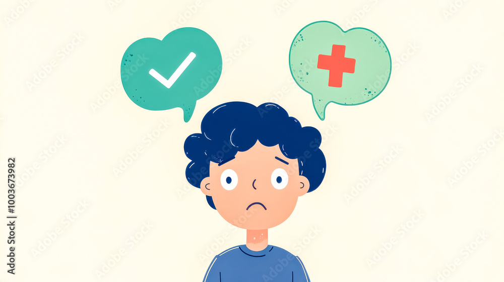Young man choosing between two options represented by speech bubbles with check mark and medical cross symbols Young man choosing between two options represented by speech bubbles with check mark and medical cross symbols