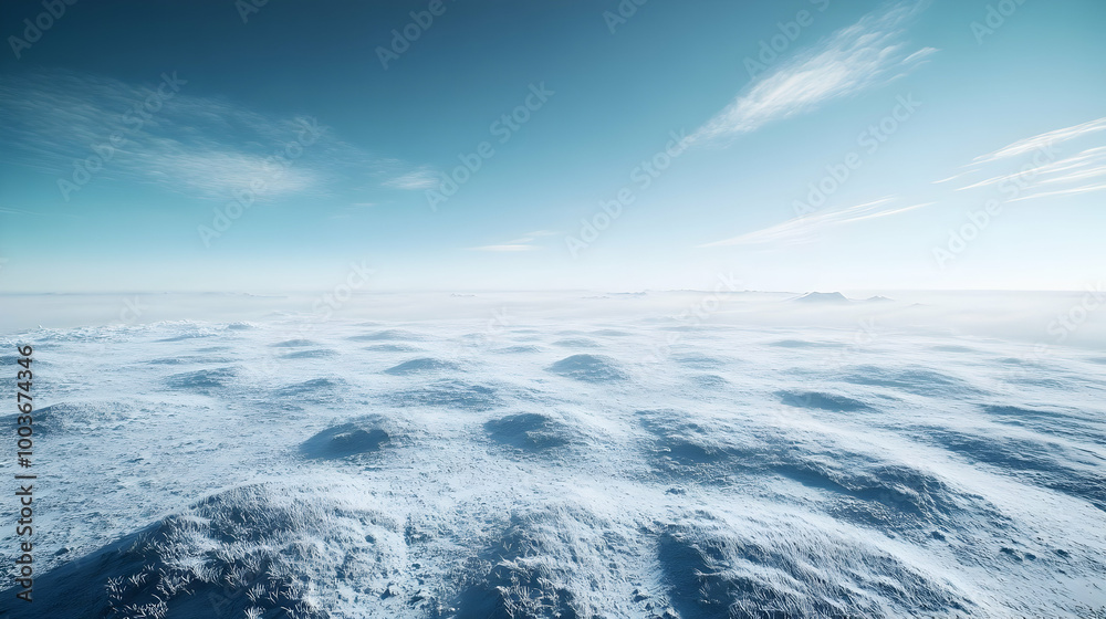Obraz premium Frozen Landscape with Mist and Blue Sky - 3D Illustration