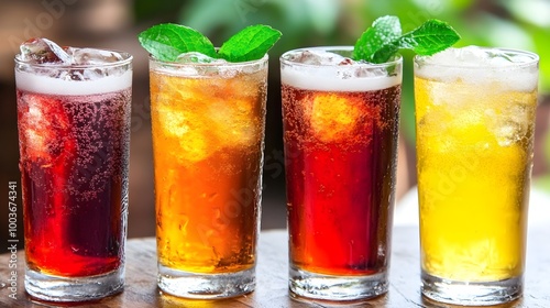 four tall glasses filled with different colored beverages. From left to right, the drinks are dark red, orange, dark amber, and light yellow. Each glass is filled with ice cubes, and the drinks appear