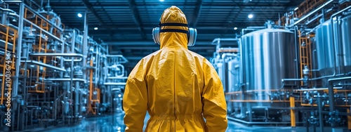 The back view of an engineer dressed in a yellow hazmat suit with a full respirator mask. They are monitoring large chemical vats in a sprawling industrial complex photo