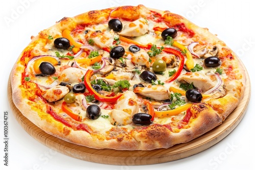 Tasty pizza with chicken, vegetables, olives on wooden board. Isolated on white background, baked dish big, cheesy crust. Delectable, delicious, supreme pizza perfect dinner snack option, offering