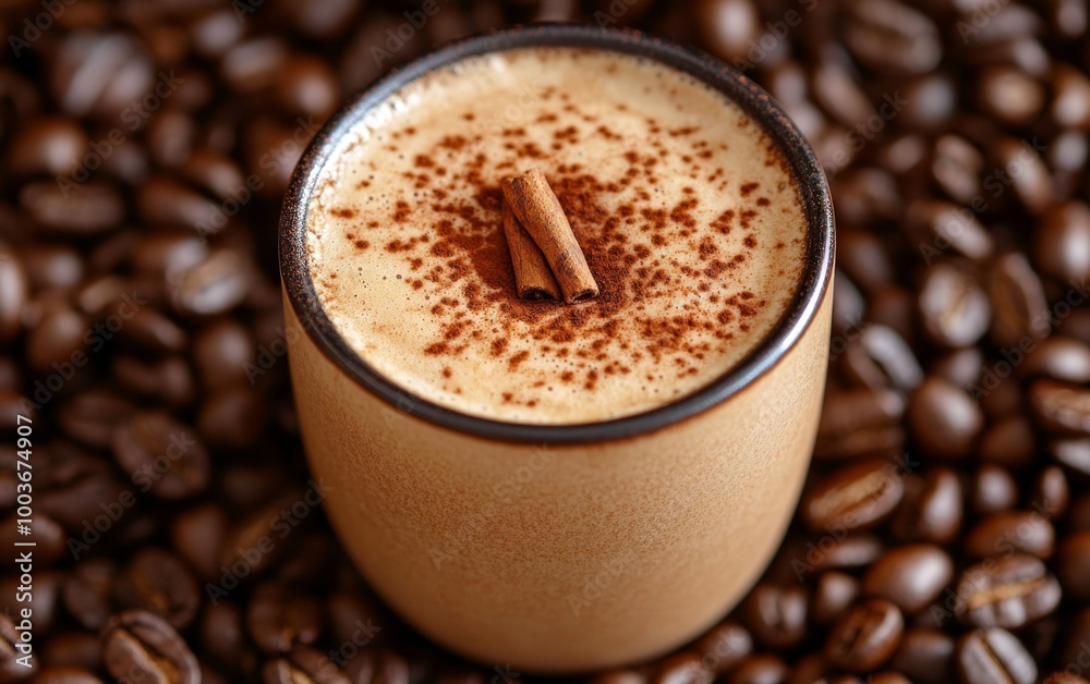 Cinnamon Topped Latte Among Coffee Beans