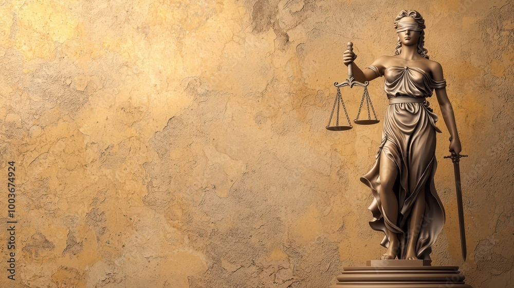 A detailed statue of Lady Justice holding scales, symbolizing fairness and law, set against a textured golden backdrop. A detailed statue of Lady Justice holding scales, symbolizing fairness and law, set against a textured golden backdrop.