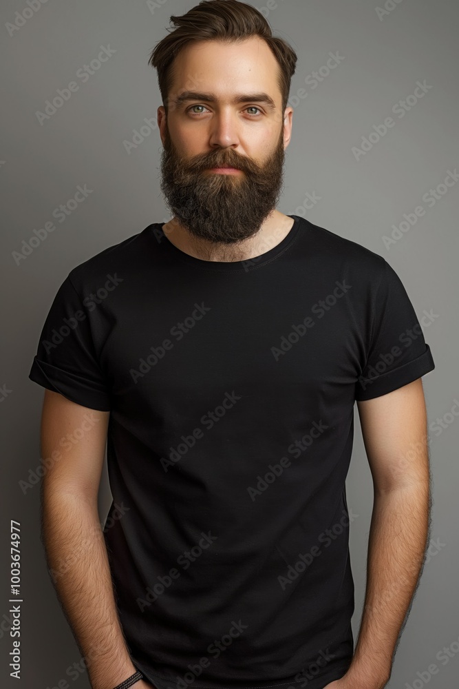 Close-up of bearded man in plain black t-shirt on grey background. Simple, stylish, trendy casual wear for young adult. Basic, minimal, cropped design for studio shot. One person in basic attire. Close-up of bearded man in plain black t-shirt on grey background. Simple, stylish, trendy casual wear for young adult. Basic, minimal, cropped design for studio shot. One person in basic attire.