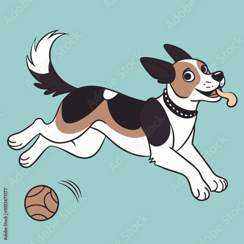 Dog happily running with a playful mood while fetching a ball in a fun style