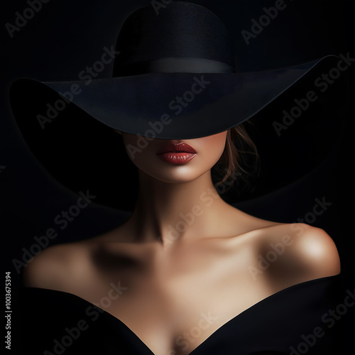 Elegant silhouette, red lips stand out under black hat, feminine appea photo