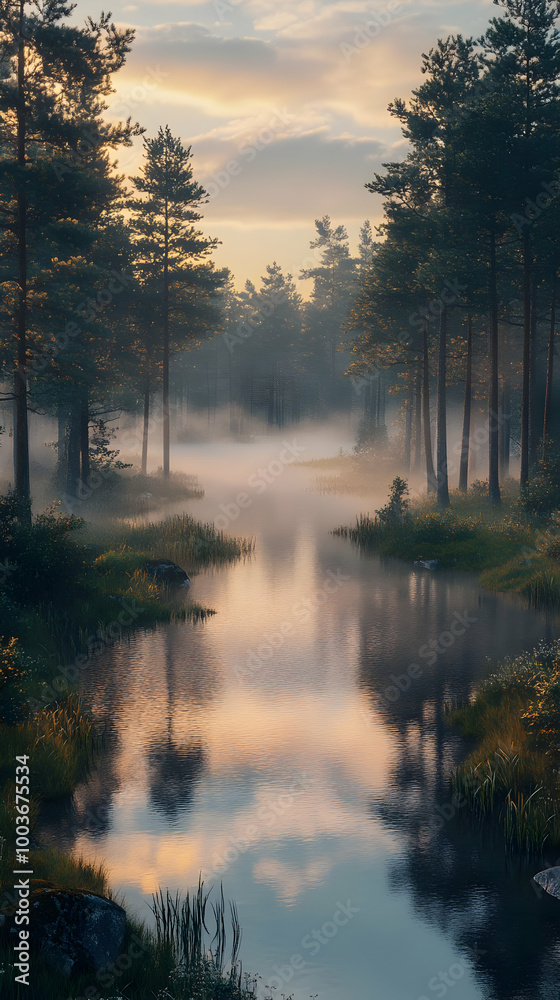 Misty Morning Forest River Landscape Illustration