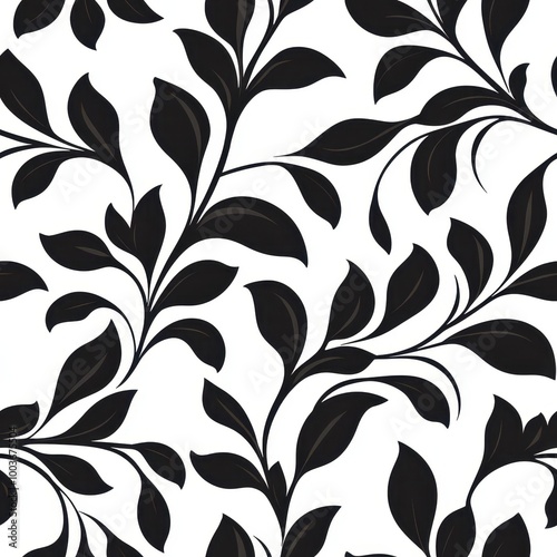 A monochromatic pattern featuring elegant black leaves on a white background, ideal for decorative and textile design purposes.