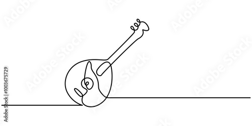 A single line drawing of a domra. Continuous line domra icon. One line icon. Vector illustration, Domara in a single line drawing. Continuous line domra icon. Modern illustration, pro vector.