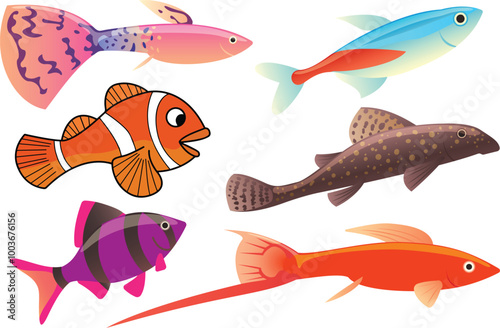 Set of Colorful Tropical Underwater Fishes Vector illustration on a white Background.