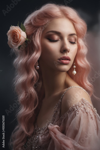 beautiful girl with pink flower in pink Hair. make-up beauty young woman with rose flowers hairstyle