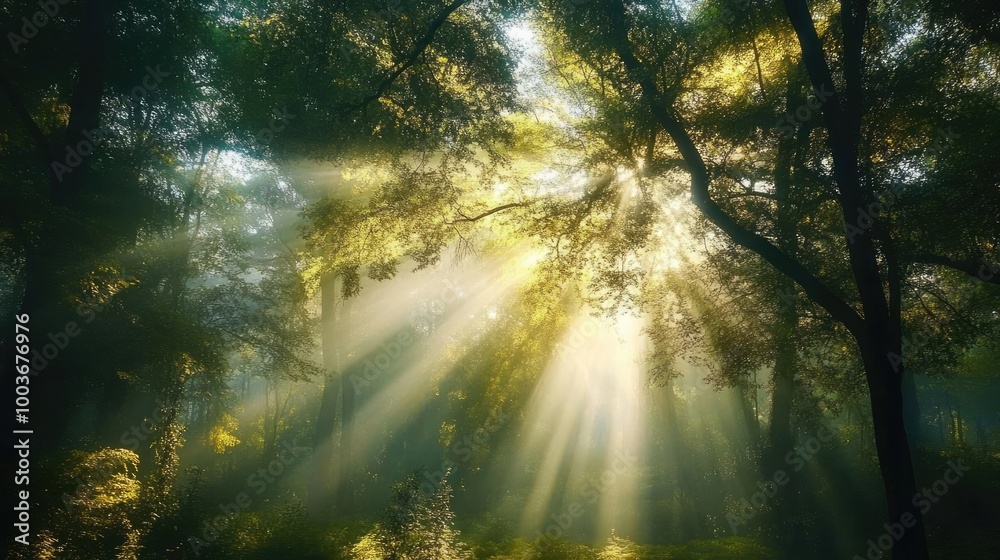 Obraz premium Serene forest scene with sunlight streaming through trees, creating a magical atmosphere filled with warmth and tranquility.