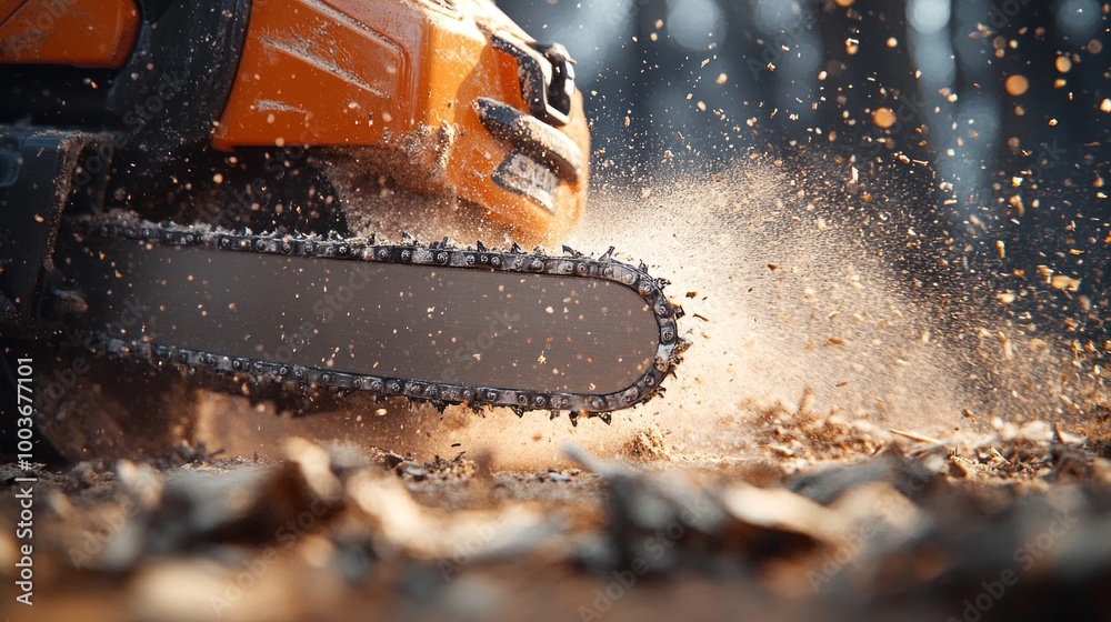 A chainsaw is cutting through a pile of wood A chainsaw is cutting through a pile of wood