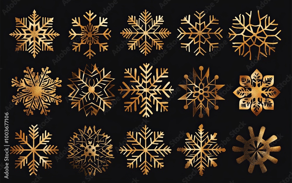 A collection of 16 golden snowflake designs on a black background, ideal for winter-themed graphics or decorations. A collection of 16 golden snowflake designs on a black background, ideal for winter-themed graphics or decorations.