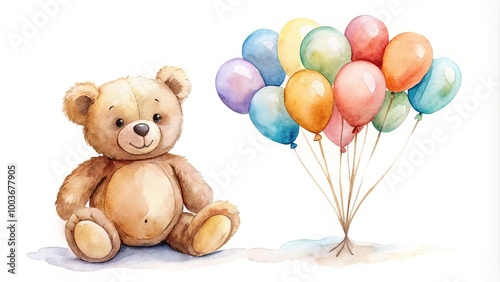 Watercolor teddy bear with colorful balloons on a white background