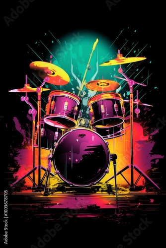 Vibrant neon-colored drum set illustration with splashes of paint and dynamic lighting on a dark background T-shirt design