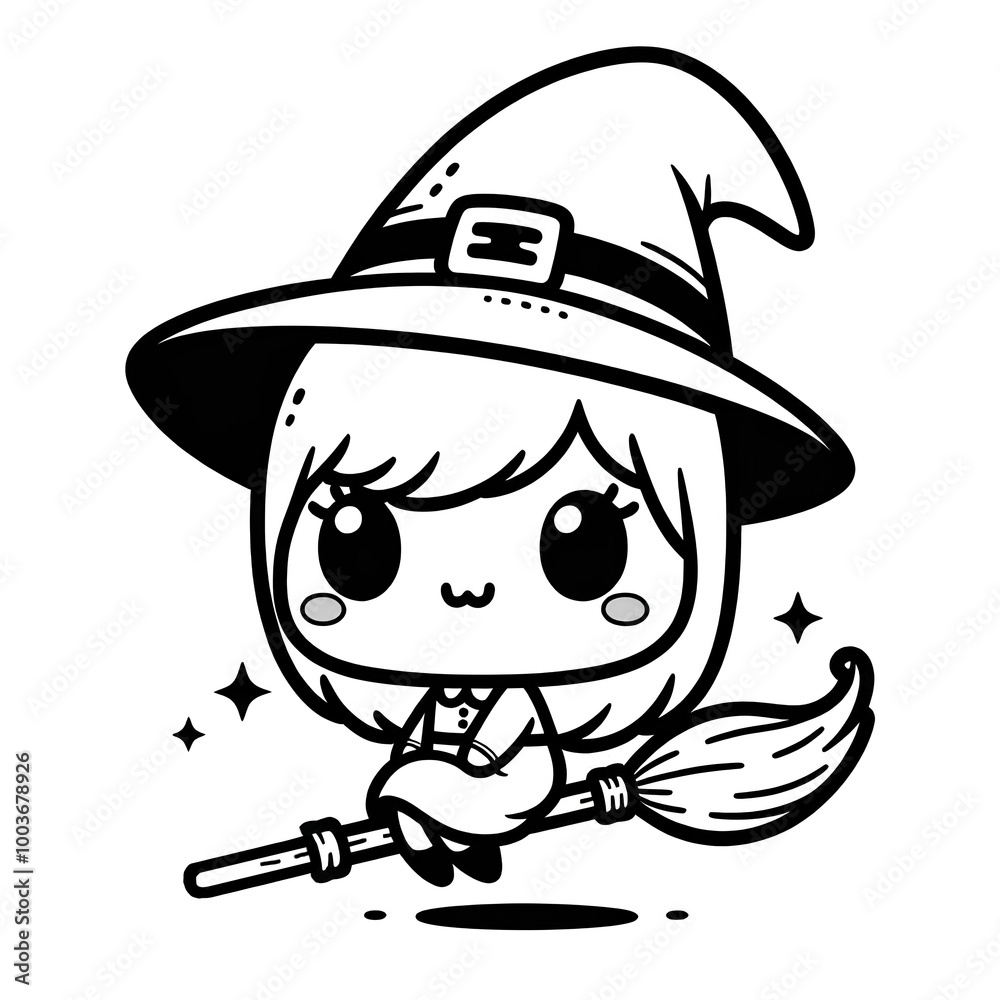Line drawing, witch flying on a broom, cute cartoon illustration Line drawing, witch flying on a broom, cute cartoon illustration