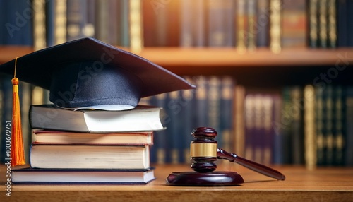 A symbolic image of a graduation cap and gavel resting on books, representing education and the pursuit of justice