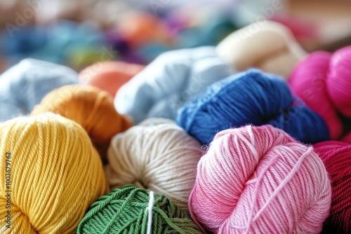 Close-up of colorful yarns on blurred background. Various yarns of different textures, colors, materials seen. Soft, warm, natural fibers like wool, cotton, threads visible. Crochet, knitting photo