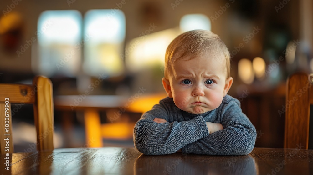 Adorable Baby Boy Sitting at a Table with Arms Crossed and Pouting Face in Warmly Lit Living Room Adorable Baby Boy Sitting at a Table with Arms Crossed and Pouting Face in Warmly Lit Living Room