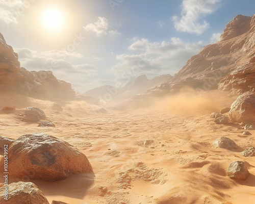 Desert Landscape with Rocks and Sand Dunes - 3D Illustration photo