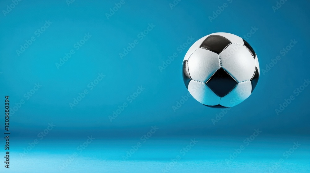 Naklejka premium Soccer ball floating mid-air against a vibrant blue background emphasizing the simplicity and energy of the sport