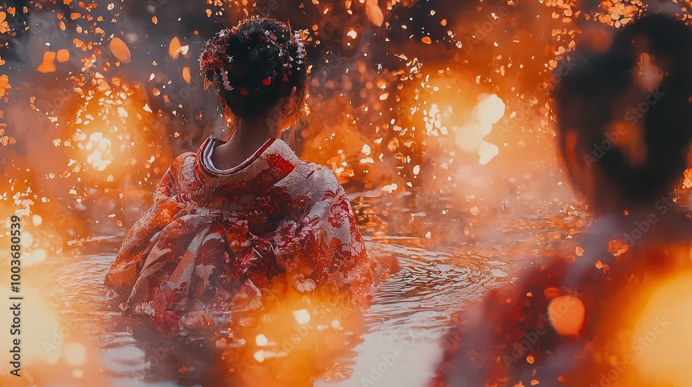 Naklejka premium Women in traditional Japanese attire participating in a mystical fire-lit water ceremony, surrounded by glowing embers