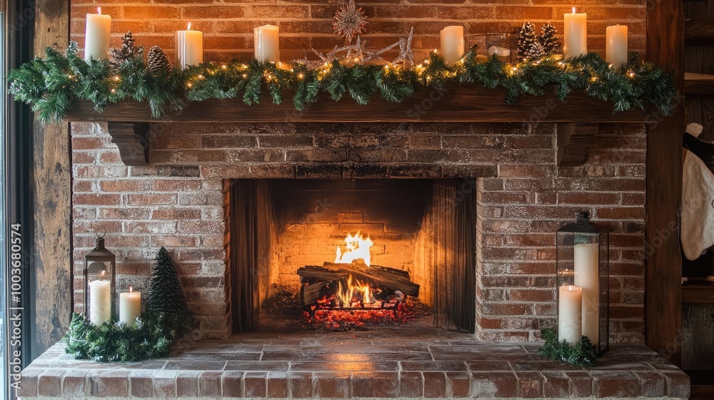 Cozy fireplace decorated with festive garland and candles, perfect for winter holiday atmosphere and warming ambiance. Cozy fireplace decorated with festive garland and candles, perfect for winter holiday atmosphere and warming ambiance.