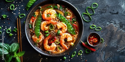 Flavorful Spicy Shrimp Noodle Soup with Mushrooms, Bell Peppers, Snow Peas, and Green Onions