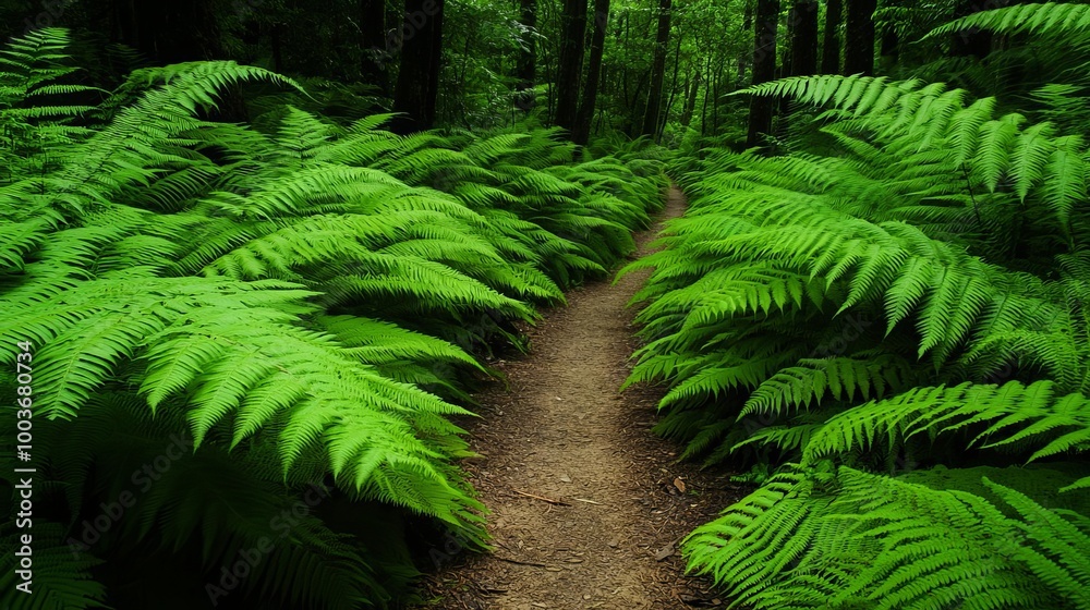 Meandering trail through a forest of vibrant green ferns, with rays of sunlight breaking through the canopy, casting light on the rich natural textures Meandering trail through a forest of vibrant green ferns, with rays of sunlight breaking through the canopy, casting light on the rich natural textures
