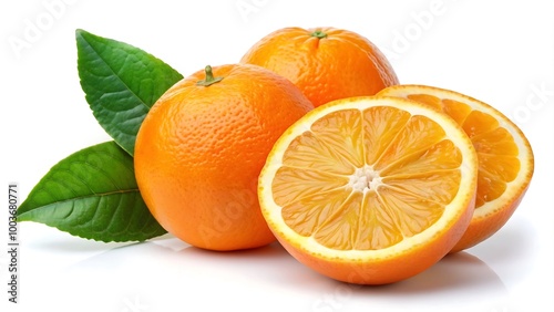 Orange Fruit with Sliced Image. Fresh Citrus Orange with Leaves. Orange Slice and Whole Fruit. 